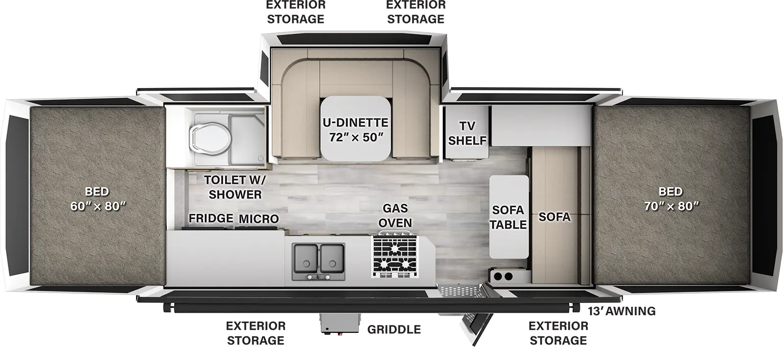 The HW29SC has one slideout and one entry door. Exterior features a 13 foot awning, griddle, and exterior storage on both sides. Interior layout front to back: front tent bed; sofa, sofa table, cabinet, and TV shelf; off-door side u-dinette slideout and toilet with shower; door side entry, gas oven, sink and cabinet with microwave and refrigerator; rear tent bed. 